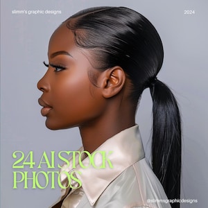 May include: A close-up profile portrait of a Black woman with long, dark hair pulled back in a ponytail. She is wearing a light beige collared shirt. The text "24 AI STOCK PHOTOS" is superimposed on the image in green.