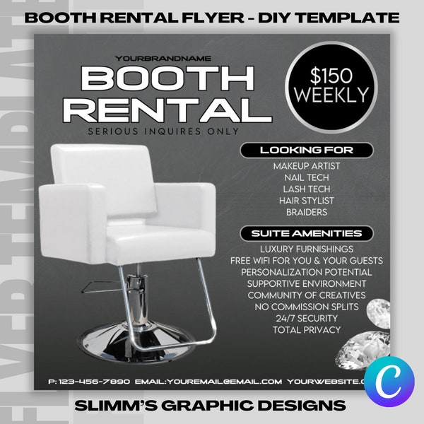 Booth rental flyer Mua Flyer DIY Booking Available Hair Barber Lash Makeup Braids Nails Social Media Instagram Editable Canva Template