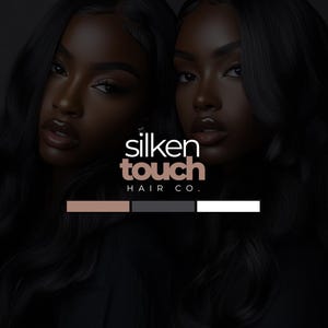 以下が含まれることがあります： 長い黒髪の女性が二人写っているプロモーション画像。「Silken Touch Hair Co.」のロゴが中央に配置され、茶色、グレー、白のカラーパレットを使用。「Text Based Logo | VisualsBySlimm」と「Visuals By Slimm」の文字も表示されています。