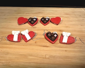 Heart Chocolate Box Earrings: Handmade Polymer Clay, Sterling Silver Hooks