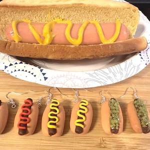 Hotdog Earrings | Ketchup, Mustard, Relish, and Plain Varieties | Polymer Clay Food Jewelry | Dangle Earrings
