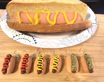 Hotdog Earrings - Polymer Clay, Ketchup, Mustard, Relish or Plain