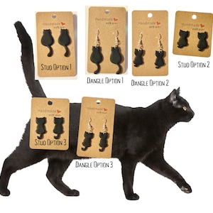 黒猫のイヤリング - キュートで気まぐれな動物ジュエリー - スタッドとダングルのバリエーション - スターリングシルバーフック