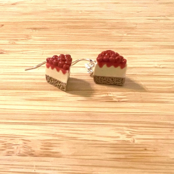 Handmade Cherry Cheesecake Earrings: Sterling Silver Hooks, Dessert Jewelry