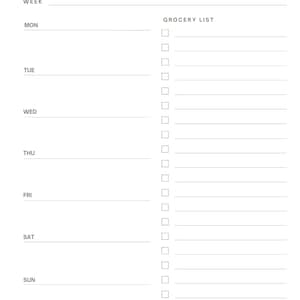 May include: A white weekly meal planner with the text "WEEKLY MEAL PLANNER" at the top. The planner includes sections for each day of the week and a grocery list section with checkboxes.