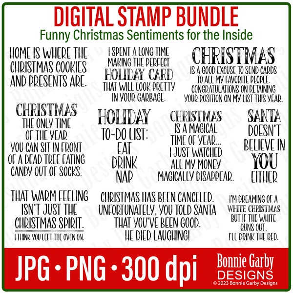 Funny Christmas Sentiments 'for the inside' Digital Stamp Bundle, Clip Art, Word Art Quotes, Words for Cards, Digital Stamps, PNG, Sarcastic