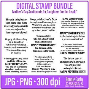 Happy Mother's Day Sentiments voor dochters 'voor de binnenkant' digitale stempelbundel, Word Art Quotes voor kaarten maken, woorden voor kaarten, offerte