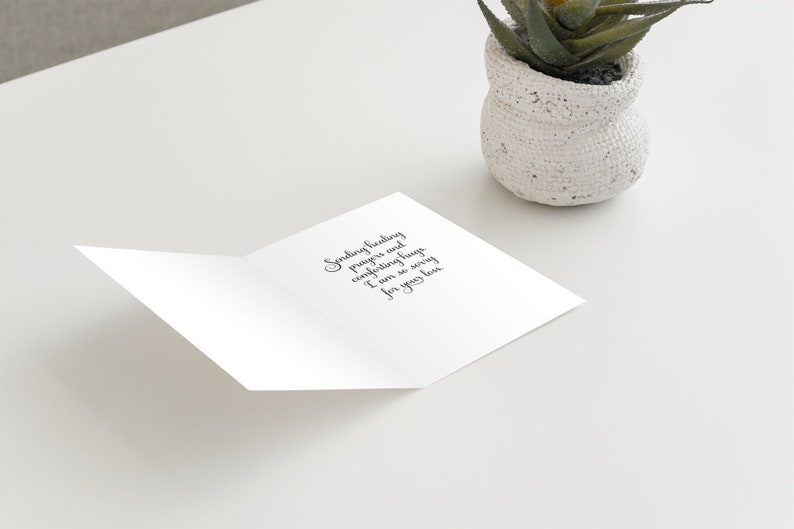 May include: A white card with black text that reads "Sending healing prayers and comforting hugs. I am so sorry for your loss."