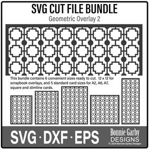 May include: SVG cut file bundle for geometric overlays. This bundle includes 6 sizes ready to cut, including 12x12 for scrapbook overlays and 5 standard card sizes for A2, A6, A7, square and slimline cards.  SVG, DXF, EPS files.