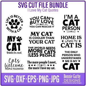 Ich liebe meine Katze SVG-Schnitt-Datei bündel, Digitale Sentiment Briefmarken, Cricut, Silhouette, Zitate, Clip Art, Gefühle, Wörter für Karten, Katzenrettung
