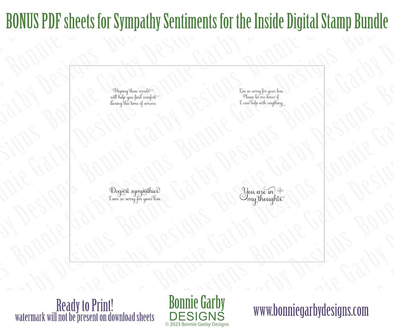 May include: A printable PDF sheet with four sympathy sentiments for inside greeting cards. The sentiments are: "Hoping these words will help you find comfort during this time of sorrow", "Deepest sympathies. I am so sorry for your loss", "I'm so sorry for your loss. Please let me know if I can help with anything", and "You are in my thoughts".