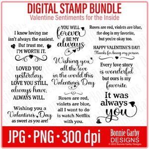 Valentine Love Sentiments 'for the inside' digitale stempelbundel, illustraties, WordArt-citaten voor kaarten maken, woorden voor kaarten, foto-overlays