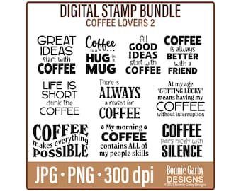 Kaffeeliebhaber 2 Digitalstempel-Bundle, Wortkunst-Zitate für die Kartenherstellung, digitale Stempel, digitale Gefühle, Wörter für Karten, PNG, Wortkunst