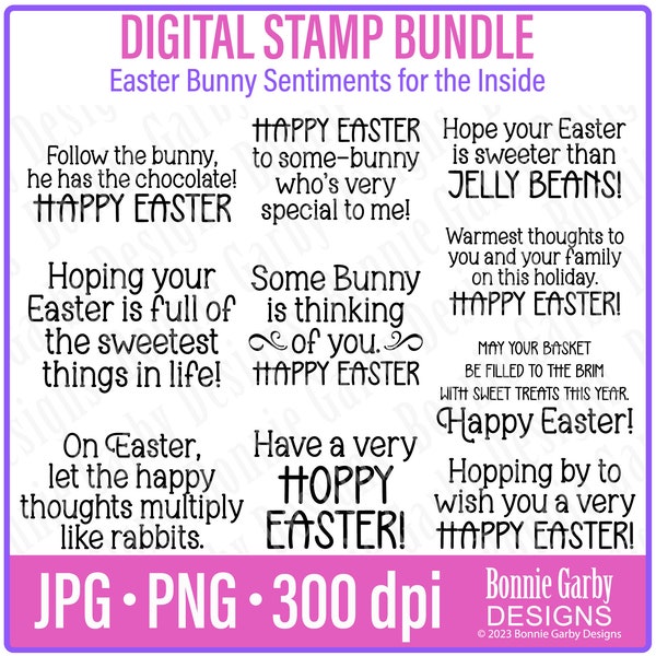 Easter Bunny Sentiments 'for the inside' Digital Stamp Bundle, Photo Overlays, Clip Art, Word Art Quotes for Cardmaking, Digi Stamps, PNG