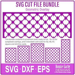 May include: A purple SVG cut file bundle with a geometric overlay design. The bundle includes 6 sizes for scrapbook overlays and 5 standard card sizes. The text on the image says "SVG CUT FILE BUNDLE" and "Geometric Overlay".