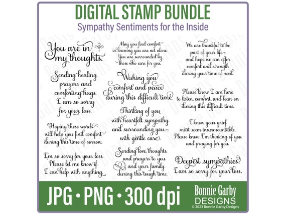 Sympathy Card Sentiments 'for the inside' Digital Stamp Bundle, Clip Art, Word Art Quote for Cardmaking, Words for Cards, PNG, Digital Stamp