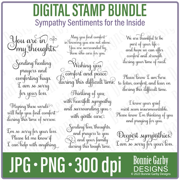 Sympathy Card Sentiments 'for the inside' Digital Stamp Bundle, Clip Art, Word Art Quote for Cardmaking, Words for Cards, PNG, Digital Stamp