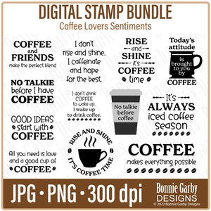 Paquete de sellos digitales para amantes del café, citas de Word Art para la fabricación de tarjetas, sellos digitales, sentimientos digitales, palabras para tarjetas, PNG, arte de palabras