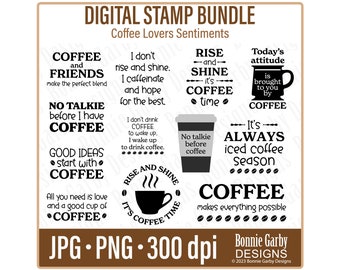 Kaffeeliebhaber Digitalstempel-Bundle, Wortkunst-Zitate für die Kartenherstellung, digitale Stempel, digitale Gefühle, Wörter für Karten, PNG, Wortkunst