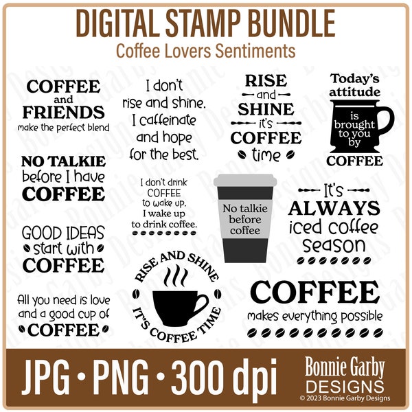 Coffee Lovers Digital Stamp Bundle, Word Art Quotes for Cardmaking,  Digital Stamps, Digital Sentiments, Words for Cards, PNG, Word Art