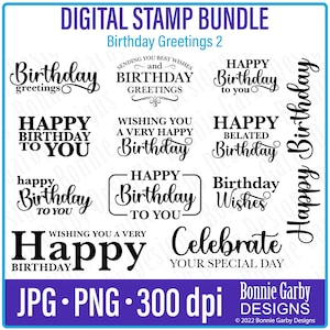 Geburtstagsgrüße 2 digitale Sentiment Stempel Set, Wortkunst Zitate, Clip Art, Zitate für die Kartenherstellung, PNG, Foto Overlay, digitale Stempel