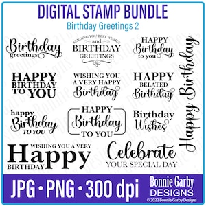 Birthday Greetings 2 Digital Sentiment Stamp Bundle, Word Art Quotes, Clip Art, Quotes for Cardmaking, PNG, Photo Overlay, Digital Stamps image 1