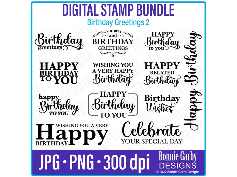 Birthday Greetings 2 Digital Sentiment Stamp Bundle, Word Art Quotes, Clip Art, Quotes for Cardmaking, PNG, Photo Overlay, Digital Stamps image 1