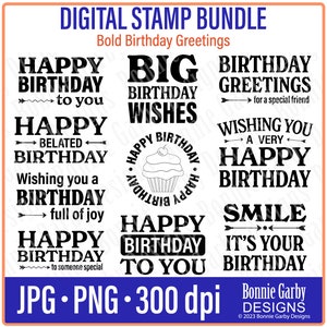Lot de timbres de sentiment numérique de voeux d'anniversaire audacieux, citations d'art de mots, citations d'art de clip pour la fabrication de cartes, PNG, superposition de photos, timbres numériques