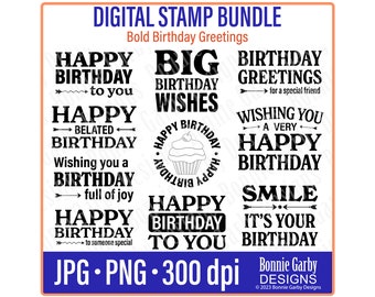 Bold Birthday Greetings Digital Sentiment Stamp Bundle, Word Art Quotes, Clip Art Quotes for Cardmaking, PNG, Photo Overlay, Digital Stamps