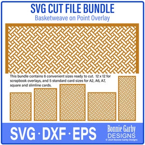 May include: SVG cut file bundle for a basketweave pattern on a point overlay. The bundle includes 6 sizes, including 12x12 inches for scrapbook overlays and 5 standard card sizes for A2, A6, A7, square and slimline cards. The image shows a sample of the pattern in gold and white.