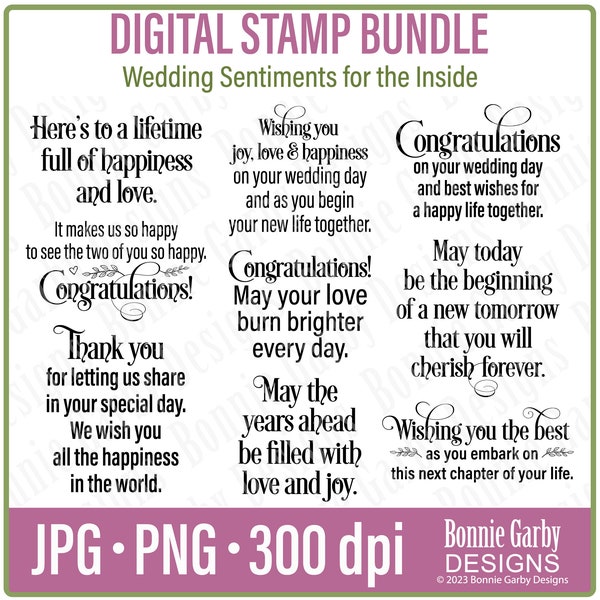 Wedding Card Sentiments 'for the inside' Digital Stamp Bundle, Clip Art, Word Art Quotes for Cardmaking, Words for Cards, PNG, Digital stamp