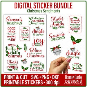 May include: Digital sticker bundle featuring Christmas sentiments in red and green. Includes phrases such as "Season's Greetings," "Jingle all the way," and "Have a Holly Jolly Christmas." Stickers are designed for print and cut, with SVG, PNG, and DXF formats.