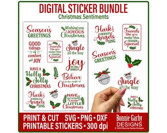 Christmas Sentiments Print & Cut Sticker Bundle, digital stickers, printable stickers, Cricut, Silhouette planner stickers, Holiday clip art