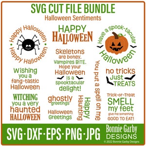 Halloween Sentiments SVG Cut File Bundle, Color Digital Stamp, Cricut, Silhouette, Sublimation, Words for Cards, Clip Art, T-shirt DIY