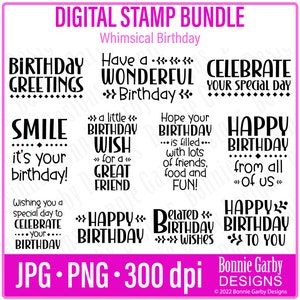 Paquete de sellos digitales de cumpleaños caprichoso, superposiciones de fotos, imágenes prediseñadas, citas de arte de palabras para la fabricación de tarjetas, PNG, sentimientos digitales, palabras para tarjetas