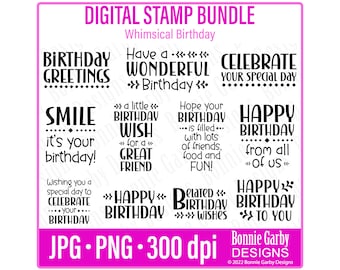 Whimsical Birthday Digital Stamp Bundle, Photo Overlays, Clip Art, Word Art Quotes for Cardmaking, PNG, Digital Sentiments, Words for cards