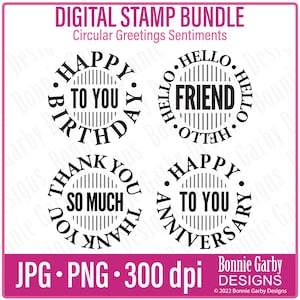 Paquete de sellos digitales de saludos circulares Superposiciones de fotos Clip Art Citas de arte de palabras para la fabricación de tarjetas Imágenes PNG Sentimientos digitales Cumpleaños