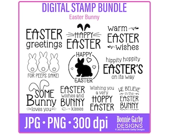 Easter Bunny Digital Stamp Bundle, Word Art Quotes, Clip Art, Quotes for Cardmaking, Digital Stamp, Sentiment Words for Cards, PNG greetings