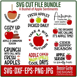 Puede incluir: Un paquete de archivos de corte SVG digitales con diseños temáticos de manzanas. Incluye frases como "Cozy Up", "Fresh Apples" y "Apple Season". Los diseños presentan colores rojo, verde y marrón, con texto e ilustraciones de manzanas. Los formatos de archivo son SVG, DXF, EPS, PNG y JPG.