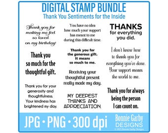 May include: Digital stamp bundle with various "Thank You" sentiments in black font. Phrases include "Thank you for making me feel so loved," "Thank you so much for the thoughtful gift," and "Thanks for everything you did."