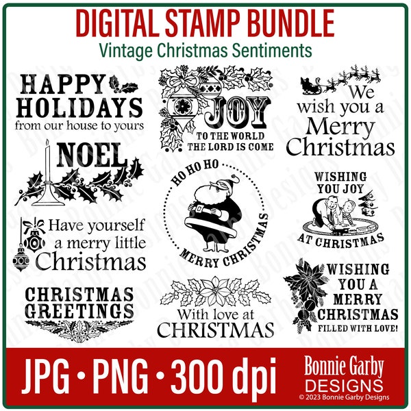 Vintage Christmas Sentiments Digital Stamp Bundle, Word Art Quotes for Cardmaking,  Digital Stamps,  Digital Sentiment, Words for Cards, PNG