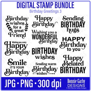 Salutations d'anniversaire 3 Digital Sentiment Stamp Bundle, Word Art Quotes, Clip Art, Quotes for Cardmaking, PNG, Photo Overlay, Digital Stamps