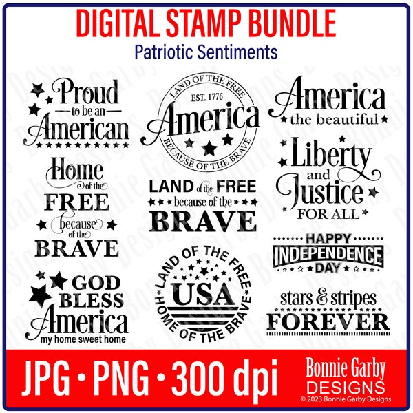 4th of July Patriotic Digital Stamp Bundle, Clip Art, Word Art Quotes for Cardmaking, Digital Sentiments, PNG, Words for Cards, Card Quotes