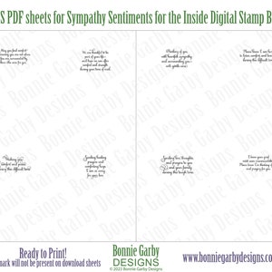May include: A printable PDF sheet with sympathy sentiments for inside greeting cards. The sheet features four different messages in a black cursive font on a white background. The text includes phrases like "Sending love, thoughts and prayers to you" and "May you find comfort in knowing you are not alone".