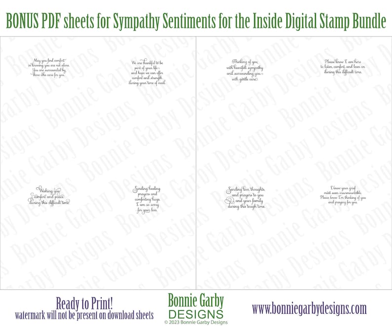 May include: A printable PDF sheet with sympathy sentiments for inside greeting cards. The sheet features four different messages in a black cursive font on a white background. The text includes phrases like "Sending love, thoughts and prayers to you" and "May you find comfort in knowing you are not alone".