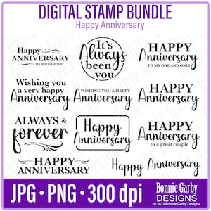 Paquete de sellos digitales de feliz aniversario, imágenes prediseñadas, citas de Word Art para fabricación de tarjetas, sellos digitales, PNG, sentimientos digitales, palabras para tarjetas
