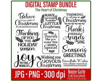 Il cuore del pacchetto di francobolli digitali di Natale, citazioni di Word Art, sovrapposizioni di foto, clipart, citazioni di Word Art per Cardmaking, sentimenti digitali