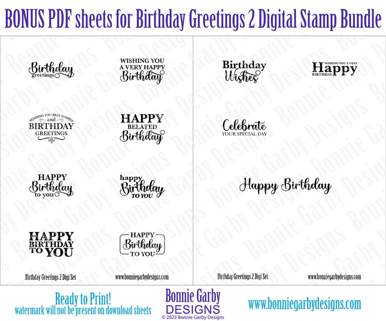 Birthday Greetings 2 Digital Sentiment Stamp Bundle, Word Art Quotes, Clip Art, Quotes for Cardmaking, PNG, Photo Overlay, Digital Stamps image 2