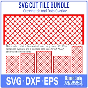 Puede incluir: Paquete de archivos de corte SVG para superposición de trama cruzada y puntos. Este paquete incluye 6 tamaños convenientes listos para cortar: 12 x 12 para superposiciones de álbum de recortes y 5 tamaños de tarjetas estándar para A2, A6, A7, cuadradas y delgadas. SVG DXF EPS Bonnie Garby Designs © 2024 Bonnie Garby Designs