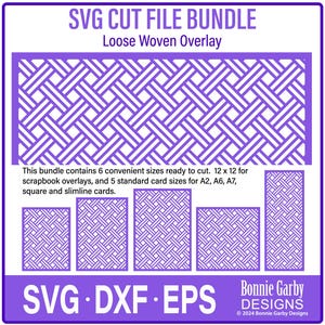 May include: SVG cut file bundle for loose woven overlay design. Includes 6 sizes, 12x12 for scrapbook overlays and 5 standard card sizes for A2, A6, A7, square and slimline cards. SVG, DXF, EPS file formats.